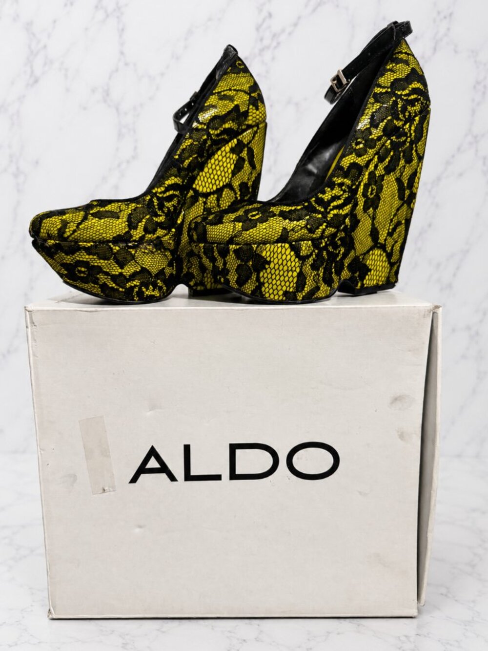 ALDO Yellow & Black Lace Platform Wedge Heels